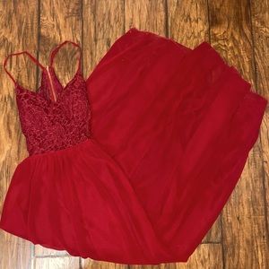 RED GLITTER LACE BACK CUTOUT DRESS